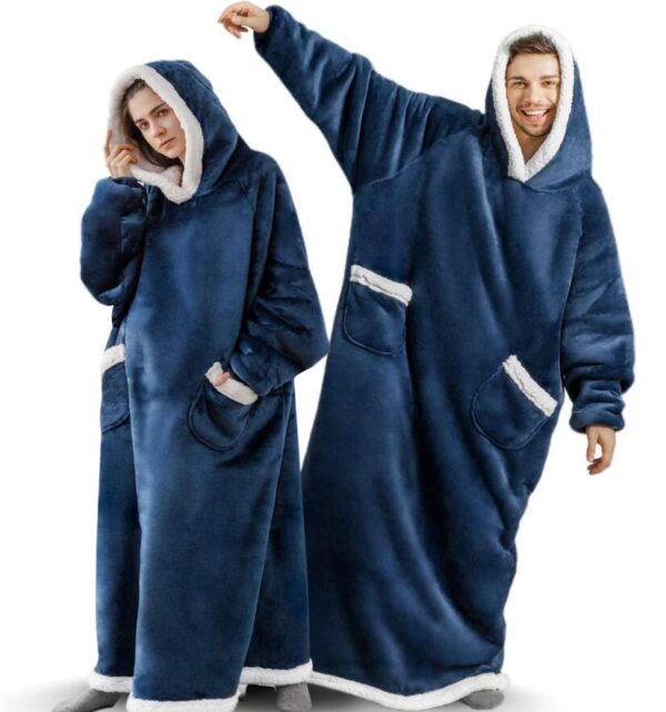 Extra Long Oversized Plush Blanket Hoodies - Blue -3