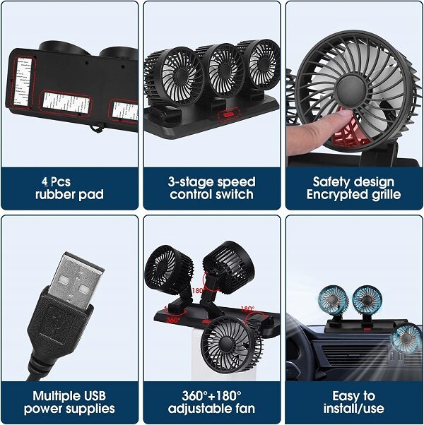 Baihuo MY-7158 Vehicle Cigarette Lighter Powered Triple Head Fan