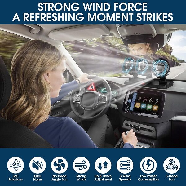 Baihuo MY-7158 Vehicle Cigarette Lighter Powered Triple Head Fan