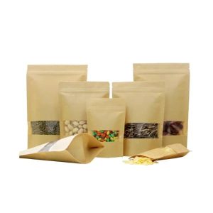 Kraft Paper Window Resealable Closure Bags 26x35cm 12pcs