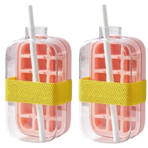 2 x 2-in-1 500ml Glass Ice Cube Tray Water Bottle with Straw