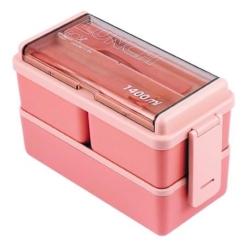 2 Layer 1400ml Lunch Box with Spoon and Fork Pink